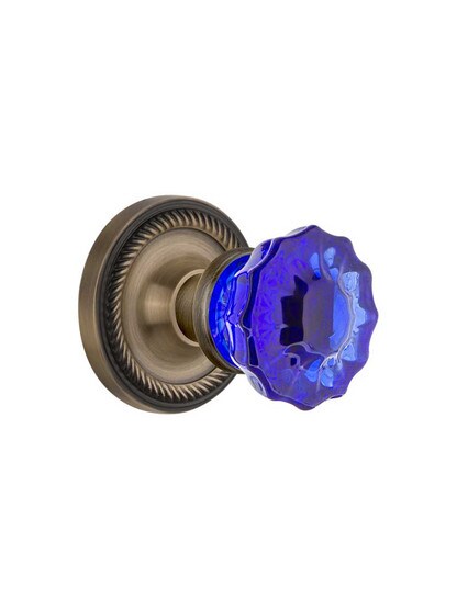 Rope Rosette Door Set with Colored Fluted Crystal Glass Knobs Cobalt Blue in Antique Brass.